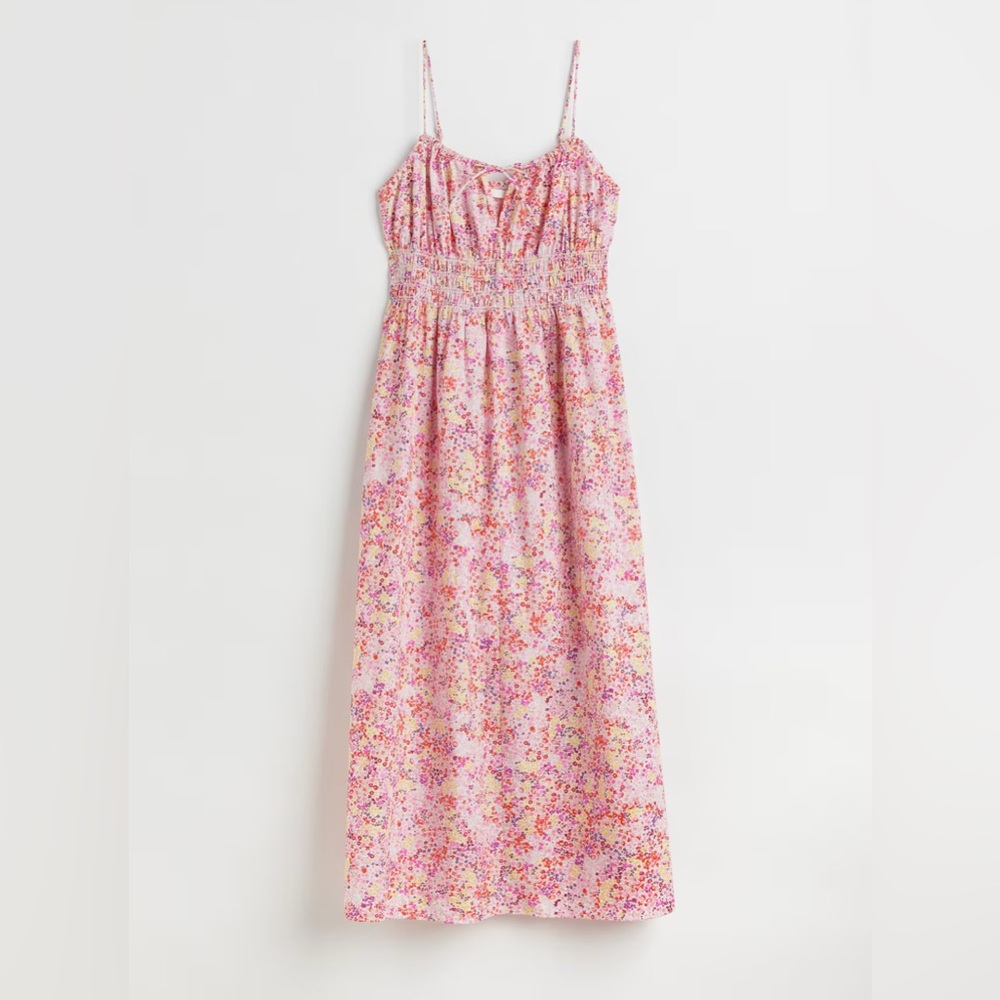 H&M SMOCKED ORGANIC COTTON FLORAL MAXI DRESS SIZE XXL Spaguetti Straps Summer - Picture 2 of 8